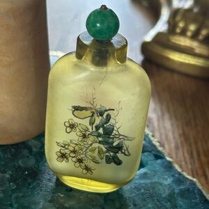 Vintage Hand-Painted Yellow Glass Snuff Bottle with Bird & Floral Design